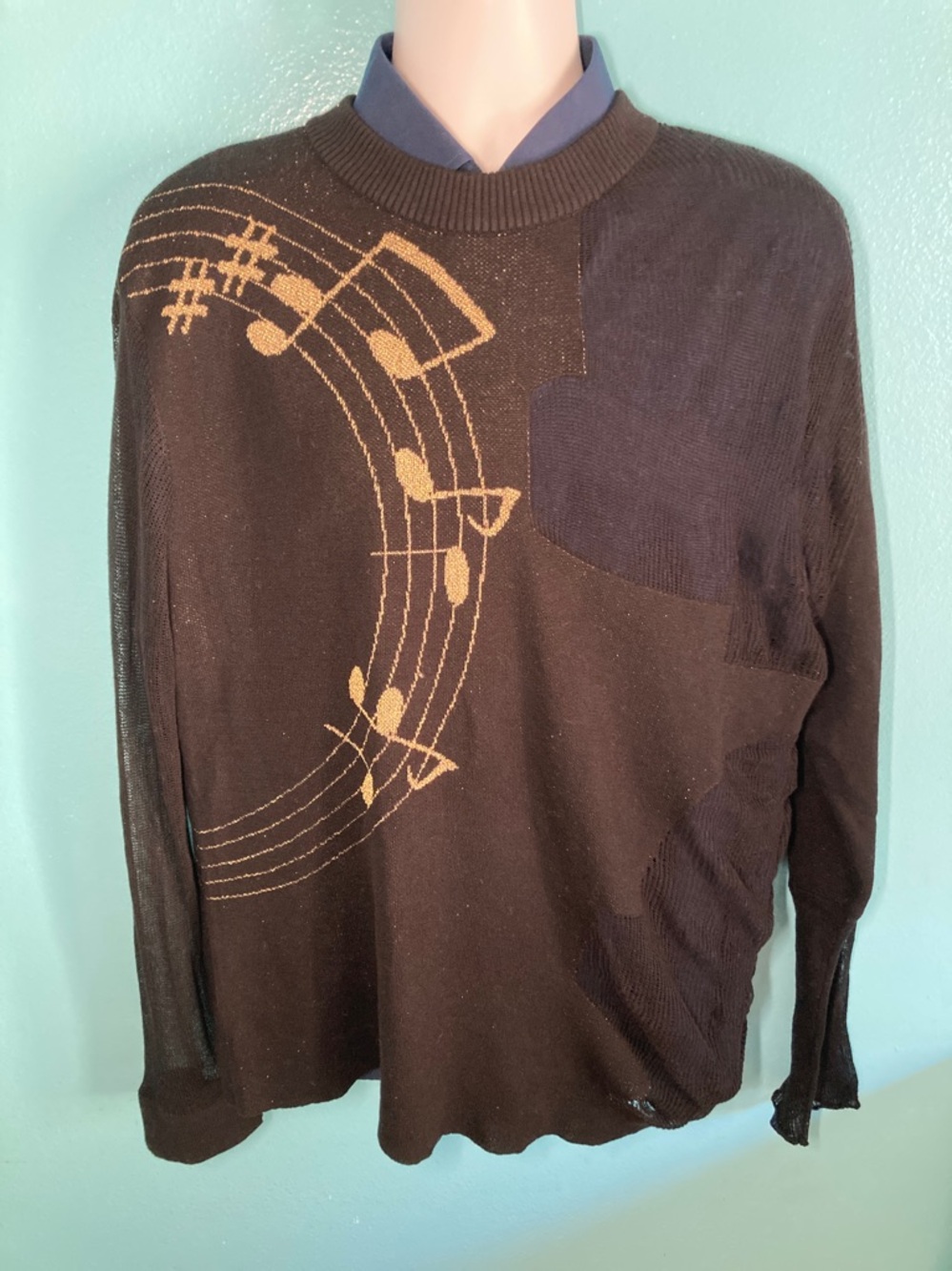 Hybrid Mens Size L Black Lightweight Knit Cotton Sweater with Lyrics